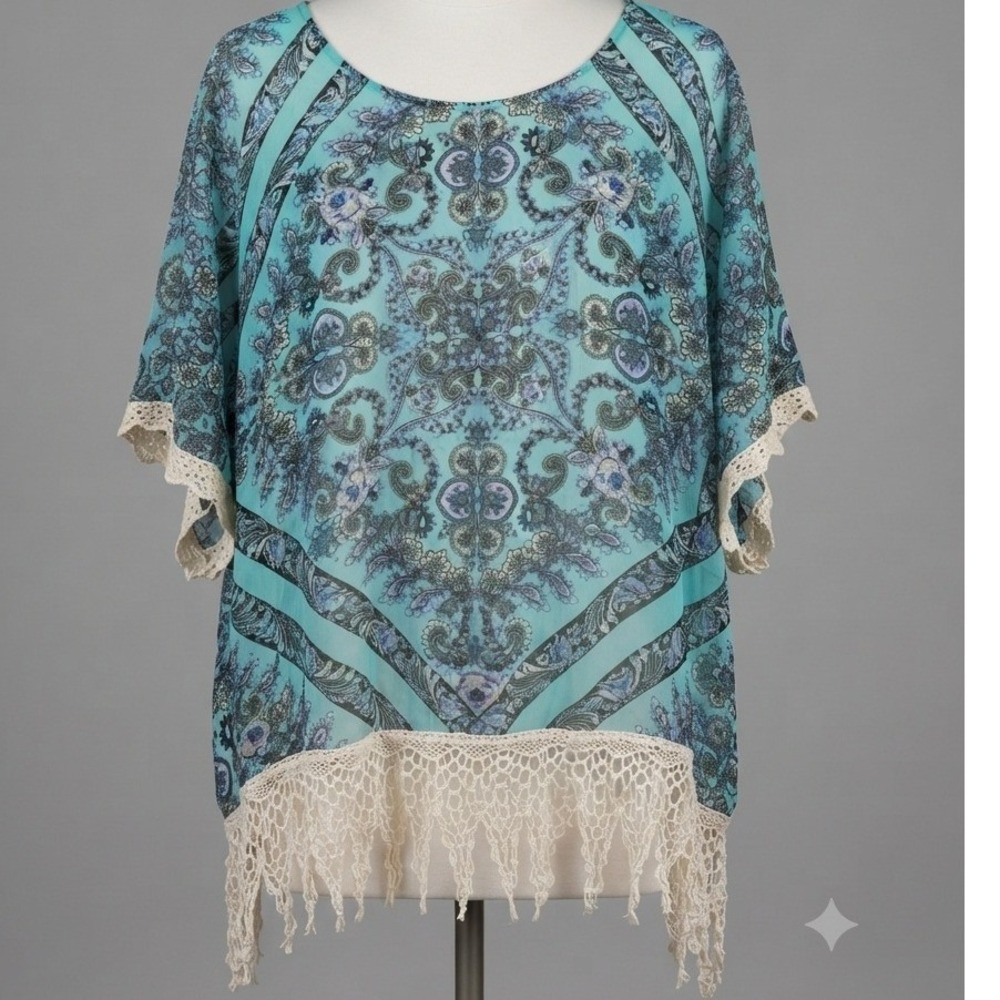 Eyeshadow Womens Fairycore Aqua Paisley Crochet Fringe Short Sleeve Blouse 2XL
